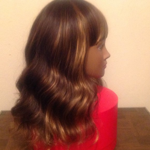 Medium Length Brown with Highlights Synthetic Wig - Picture 3 of 9